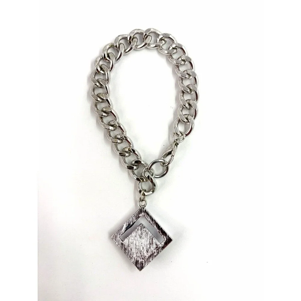 Vintage 90s Silver Tone Chunky Chain Bracelet Lapis Blue Geometric Charm Y2K